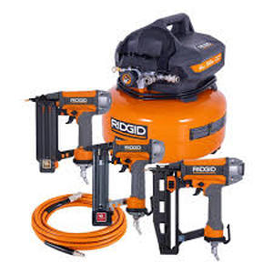 lot 66 image: RIDGID 6 Gal. 150 PSI Electric Air Compressor with 25 ft. Hose, 18GA Brad Nailer, 16GA Finish Nailer and 18GA Finish Stapler Customer Returns See Pictures