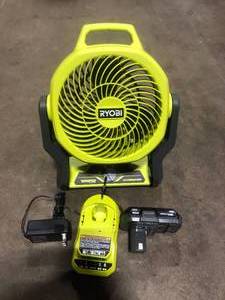 lot 48 image: RYOBI ONE 18V Cordless Hybrid WHISPER SERIES 7-12 in. Fan Kit with 2.0 Ah Battery and Charger  Customer Returns See Pictures