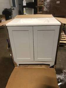 lot 53 image: 31 in. Single Sink Pearl Gray Bath Vanity with White Cultured Marble Top (Assembled)     Customer Returns See Pictures