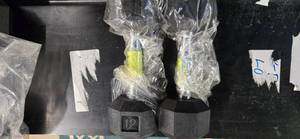 lot 10 image: A Pair of 12lb Rubber Hex Dumbbells (New)