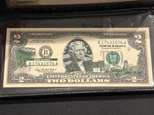 lot 39 image: 2003 A Green Seal $2 Dollar North Dakota Federal Reserve Note