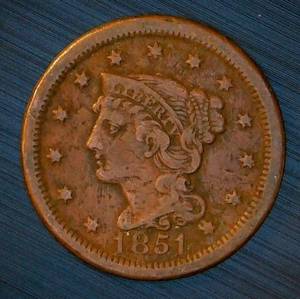 1851 Braided Hair Large Cent VF, Original Surfaces
