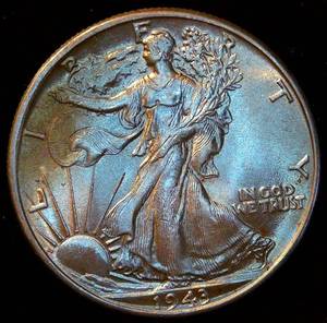lot 28 image: Uncirculated 1943 Walking Liberty Toner, Original Bank Roll, High Grade & Beautiful