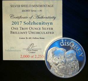 lot 43 image: Limited 2017 BU Silver Shield 999 Silver Solzhenitsyn Series #3, 2,000 of 2,025
