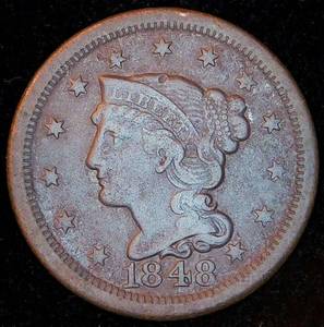 lot 52 image: 1848 VF Braided Hair Large Cent, Original Surfaces