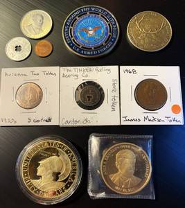 lot 57 image: Lot of 10 Harder to Find Tokens & Medallions