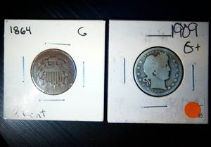 lot 67 image: 1864 2 Cent Piece  1909 Barber Quarter