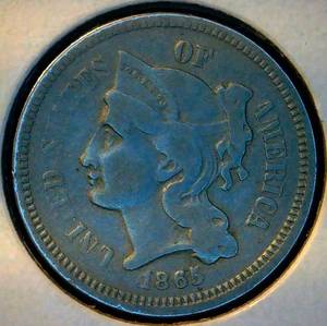 lot 74 image: 1865 3 Cent Nickel F