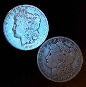 lot 96 image: (2) Circulated Silver Morgan Dollars (actual coins pictured)