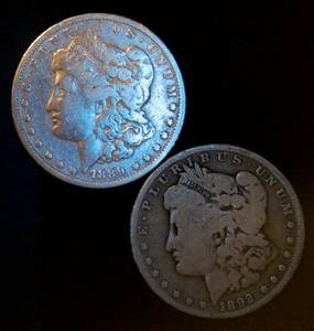 lot 100 image: (2) Circulated Silver Morgan Dollars (actual coins pictured)