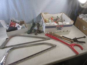 lot 198 image: (F-2) 2 Hand Saws, 2 Clay Target Th...