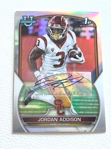 lot 14 image: 2022 Jordan Addison Bowman Chrome University Refractor Autograph 155499 #36 Football Card