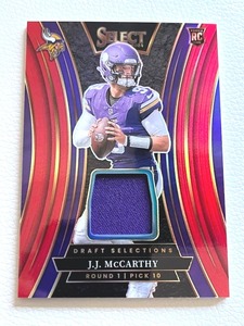 lot 21 image: 2024 J.J. McCarthy Panini Select RC Patch Football Card #DSM-JMY