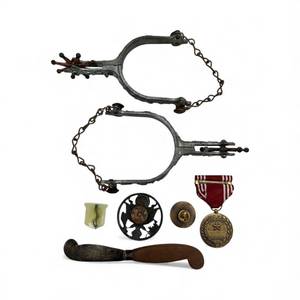 Collectibles Lot #1 - WW2 OPA War Price and Rationing Lapel Pin, Vintage US Army Round Eagle Insignia Pin, Vintage Taxco Mexico Sterling Silver & Wood Handle Butter Knife, US Army Good Conduct Medal, and 1950s Toy Cowboy Rodeo Spurs