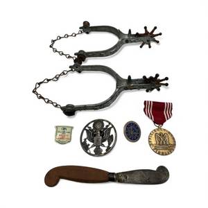 Collectibles Lot #1 - WW2 OPA War Price and Rationing Lapel Pin, Vintage US Army Round Eagle Insignia Pin, Vintage Taxco Mexico Sterling Silver & Wood Handle Butter Knife, US Army Good Conduct Medal, and 1950s Toy Cowboy Rodeo Spurs