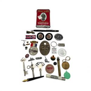 lot 7 image: Collectibles Lot #3 - Vintage Brass Cattle Tag (W.E. Booth & Son, Davis City, IA), Monopoly Game Tokens, I.O.O.F. (Northfield, MN) Pin-back Button, Clock Winding Keys, Military Order of the Cootie, IWLA Member Lapel Pin, and More