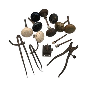 lot 12 image: Antique Door Knobs, Drafting Compasses, Hog Ringer Pliers and More