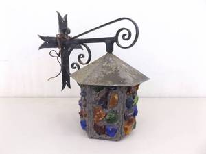 lot 31 image: Vintage Mid Century Peter Marsh Wrought Iron and Rock Glass Enrty Lamp