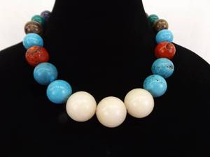 lot 138 image: 18 Genuine Coral, Turquoise, and other Semi Precious Gemstone Beaded Necklace