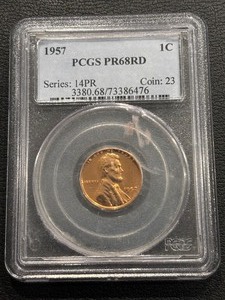 lot 19 image: 1957 Lincoln Cent Proof PCGS PR68 Red