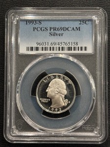 lot 23 image: 1993-S Washington Silver Quarter Proof PCGS PR69 Deep Cameo
