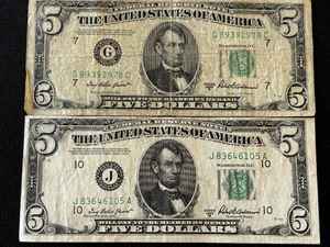 lot 86 image: 1950 B Green Seal $5 Dollar Federal Reserve Notes