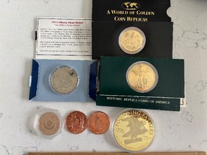 lot 106 image: Gold Layered Replica Coins and Copper Rounds