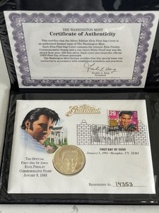 lot 110 image: Elvis Presley Commemorative Coin and Stamp
