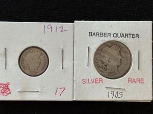lot 136 image: 1905 Barber Quarter and 1912 Barber Dime