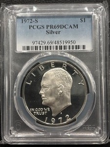 lot 156 image: 1972-S Eisenhower Silver Dollar Proof PCGS PR69 Deep Cameo