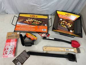 lot 351 image: Assorted BBQ Grilling Accessories, Grill Toppers, Tablecloth, Brushes, and More