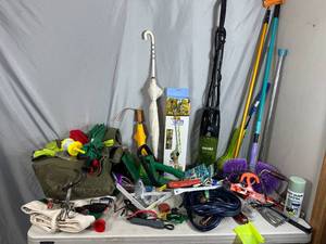 lot 62 image: Army Bags, Jumper Cables, Hedge Trimmer, Hand Tools, Umbrellas, Shop Supplies, and More