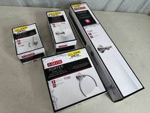 lot 103 image: New Delta Porter Spotshield Brushed Nickel Bathroom Set - Towel Bar, Ring, Hook, Etc