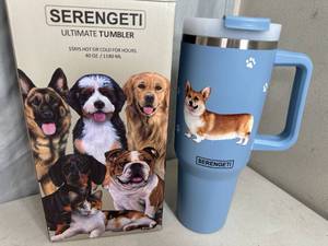 lot 106 image: New Serengeti Vacuum Insulated Stainless Steel Tumbler with Lid - Welsh Corgi Dog