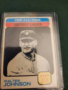 lot 145 image: 1973 Topps #476 All-Time Shutout Leader Walter Johnson baseball card.