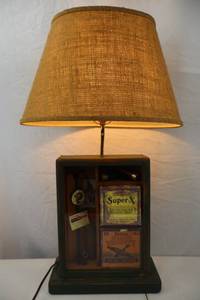 lot 1 image: Rustic Table Lamp with Vintage Hunting Decor Shadow Box