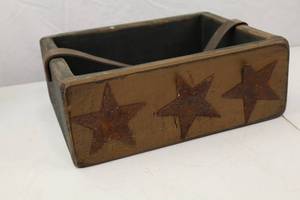 lot 6 image: Rustic Wood Box With Metal Star Accents and Handle, 1997 Signed