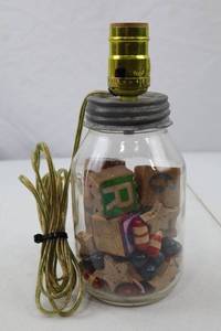 lot 8 image: Mason Jar Table Lamp with Vintage Toy Block Fill