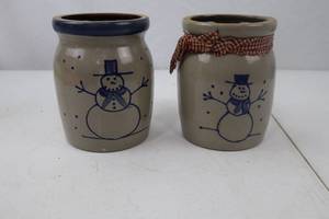 lot 51 image: Pair BBP Stoneware Crocks with Snowman Motif, 5.5 Inch