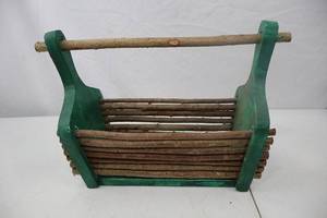 lot 52 image: Rustic Green & Wood Handled Decorative Basket, 16 x 8 x 11 Inch
