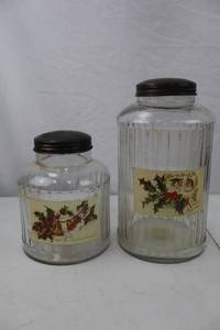lot 53 image: Pair Vintage Glass Holiday Canisters with Metal Lids