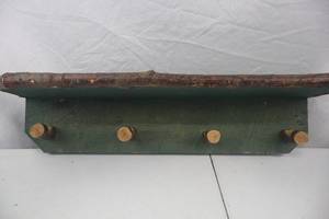 lot 62 image: Rustic Green Wood Coat Rack with Branch Shelf & Pegs, 24-Inch