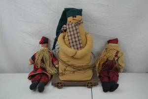 lot 190 image: Primitive Christmas Decor Lot Snowman on Cart & Bearded Dolls