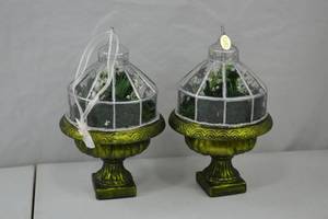 lot 194 image: Pair Decorative Greenhouse Urn Ornaments with Faux Florals, 7 Inches