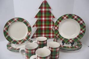 lot 112 image: Holiday Plaid Dinnerware Set - Plates, Mugs, and Tree Platter