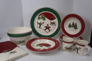 lot 113 image: Winter Scenic Holiday Stoneware Dinnerware Set & Linens