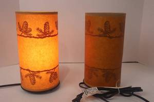 lot 119 image: Pair of Rustic Pinecone Cylinder Table Lamps