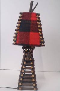 lot 120 image: Rustic Table Lamp with Plaid Shade and Twig Frame