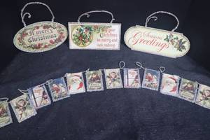 lot 127 image: Vintage-Style Christmas Signs and 9 Ft Santa Garland Lot