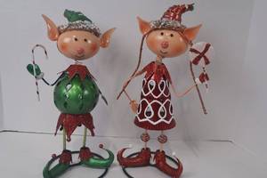 lot 128 image: Pair of 13-Inch Christmas Elf Figurines, Metal Holiday Decor